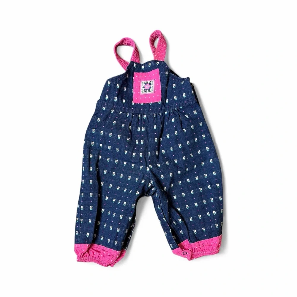 OshKosh B'gosh vintage Navy and Pink Pocket dainty flower overalls 18m a-44